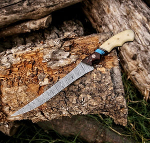 Fishing Fillet & Boning Knife – 13" Damascus Steel with Camel Bone & Rosewood Handle + Leather Sheath