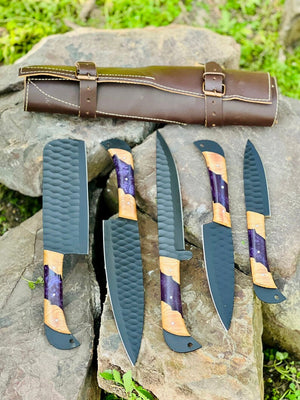 Best Knife Block Set – 13" Forged Stainless Steel Chef Knife with Olivewood & Epoxy Resin Handle + Leather Sheath