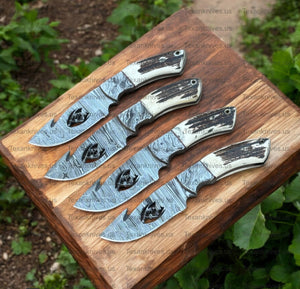 Custom Handmade Guthook Hunter Knife | Damascus Steel & Stag Horn Handle