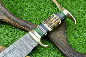 Custom Handmade Damascus Steel Bowie Knife with Stag Horn Handle – 16" Blade with Leather Sheath