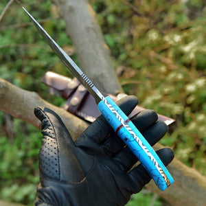 Custom Handmade Damascus Steel Hunting Knife – 10-Inch Blade with Resin Handle, Includes Leather Sheath