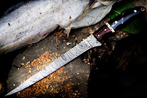 Handmade Damascus Fillet Knife 13” – Buffalo Horn, Rosewood & Brass Handle with Leather Sheath