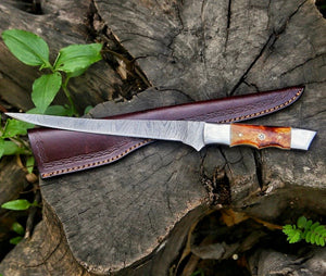 Custom Handmade Damascus Filleting Knife – 13" Camel Bone Handle with Leather Sheath