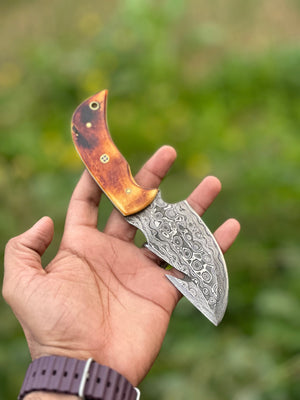 Custom Handmade Damascus Steel Guthook Skinning Knife with Camel Bone Handle - 7.5” Blade with Leather Sheath