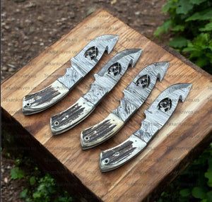 Custom Handmade Guthook Hunter Knife | Damascus Steel & Stag Horn Handle