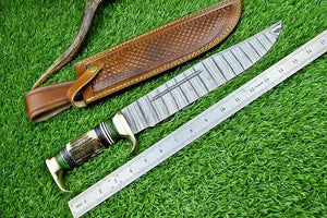 Custom Handmade Damascus Steel Bowie Knife with Stag Horn Handle – 16" Blade with Leather Sheath