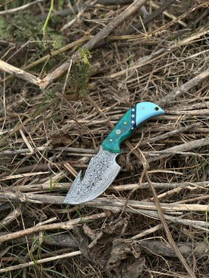 Elite Custom Handmade Damascus Steel Guthook Skinning Knife with Resin Handle - 7.5” Premium Blade with Leather Sheath