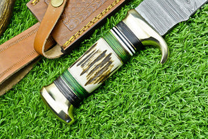 Deluxe Dundee Knife – 16" Handmade Damascus Steel Blade with Brass Guard & Pakkawood or Stag Horn Handle + Leather Sheath