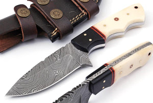 Custom Handmade 4.5" Damascus Steel Skinning Knife – Buffalo Horn and Camel Bone Handle