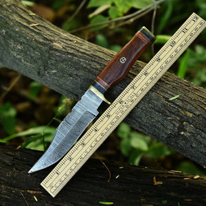 Damascus Steel Hunting Knife – 10" Blade with Brass Guard & Resin Pakkawood Handle, Leather Sheath Included