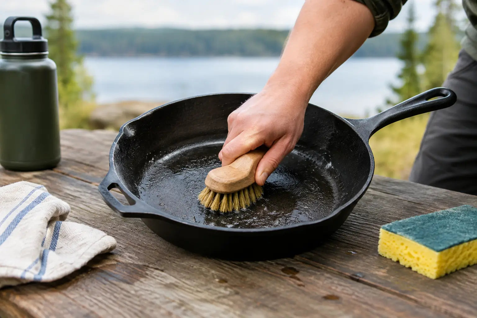 Cleaning a Cast Iron Skillet for Camp Cooking