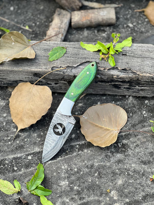 Handmade Skinner Knife – 8" Damascus Steel Blade with Pakkawood & Wire-Cut Handle + Leather Sheath