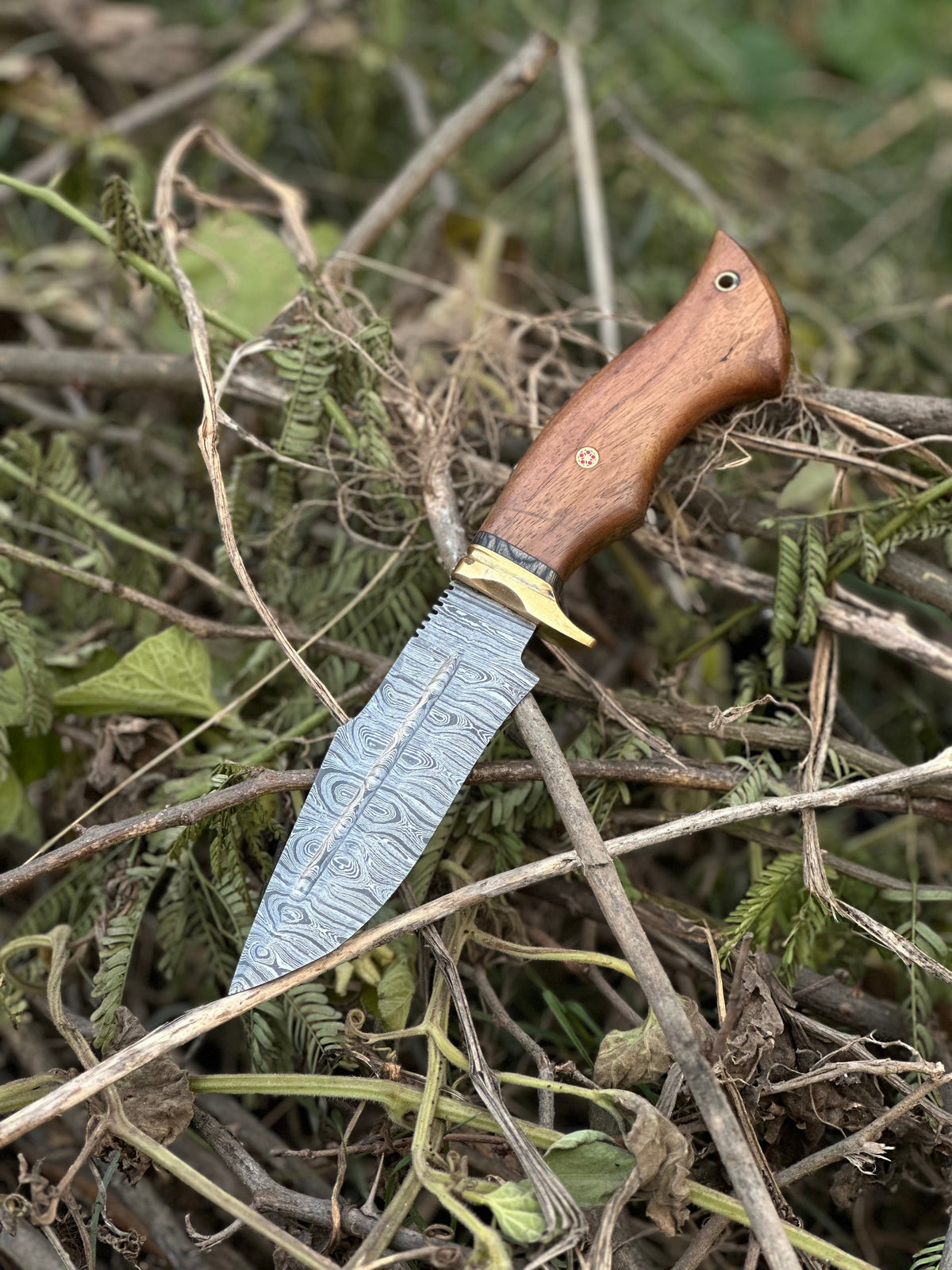 Hunting Blade – 10" Damascus Steel Knife with Rosewood Handle, Brass Guard &amp; Leather Sheath