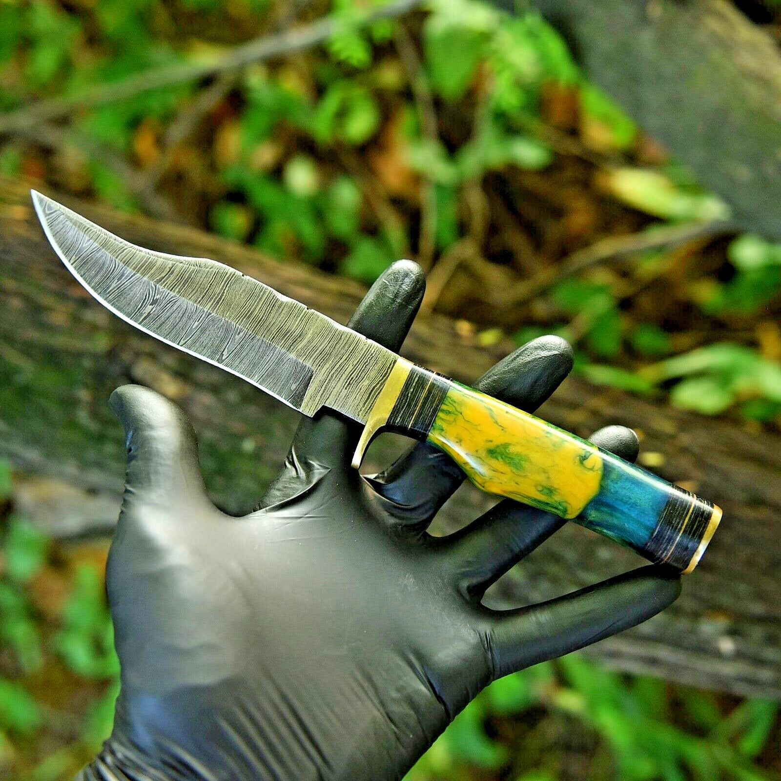 Handcrafted 10" Damascus Steel Hunting Knife with Brass Guard & Resin Pakkawood Handle – Includes Leather Sheath