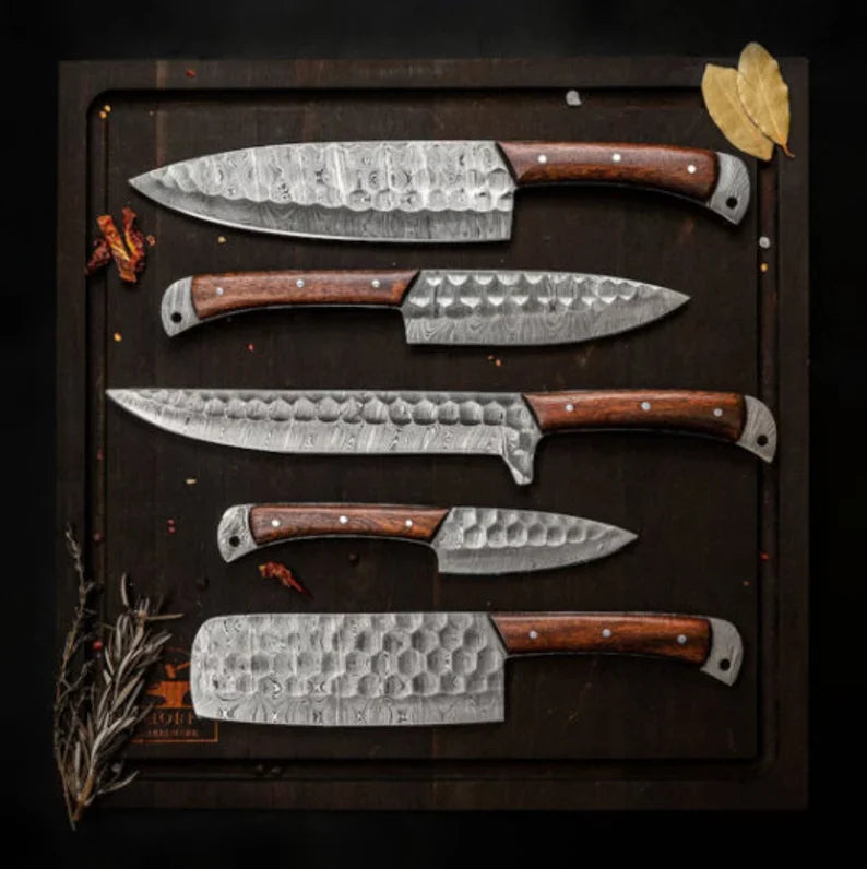 Best Dishwasher Safe Knife Set – 13" Forged Damascus Steel Blade with Bone &amp; Pakkawood Handle + Leather Sheath