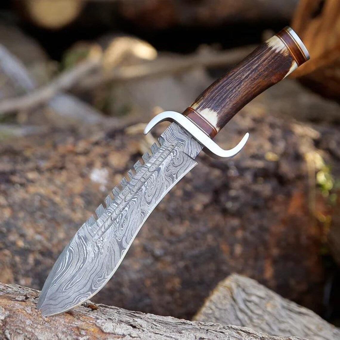Damascus Steel Western Bowie Knife – 12" with Damascus Steel Guard &amp; Stag Horn Handle, Comes with Leather Sheath