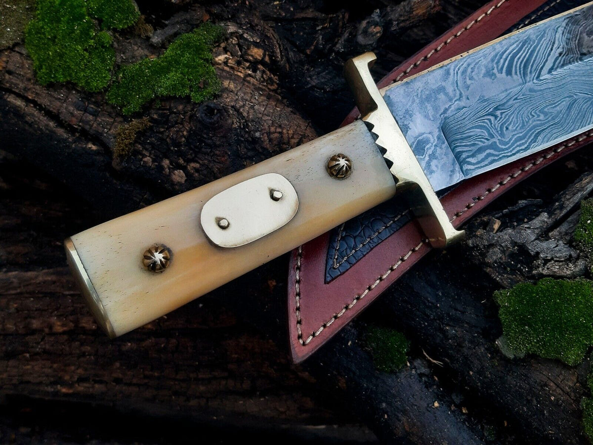 Damascus Steel Cowboy Bowie Knife – 13" with Brass Guard and Camel Bone Handle, Leather Sheath Included