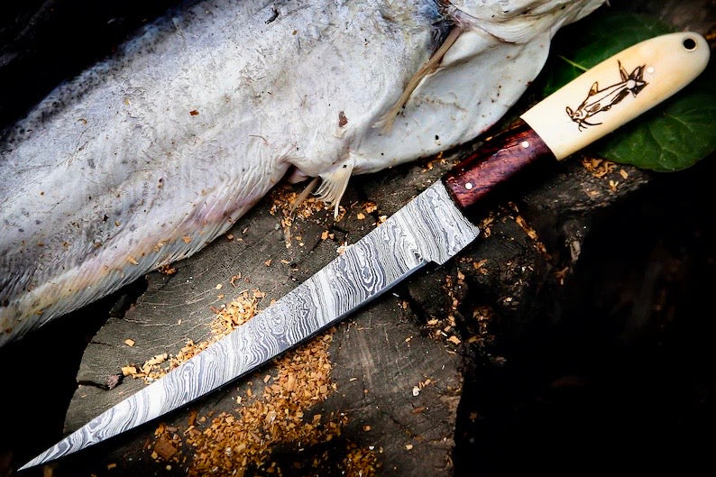 Custom Handmade Filleting Knife for Fish – 13" Damascus Steel Blade with Camel Bone &amp; Rosewood Handle