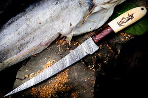 Custom Handmade Filleting Knife for Fish – 13" Damascus Steel Blade with Camel Bone & Rosewood Handle
