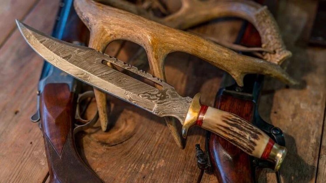 Damascus Steel Vintage Bowie Knife – 13" with Brass Guard &amp; Stag Horn Handle, Comes with Leather Sheath