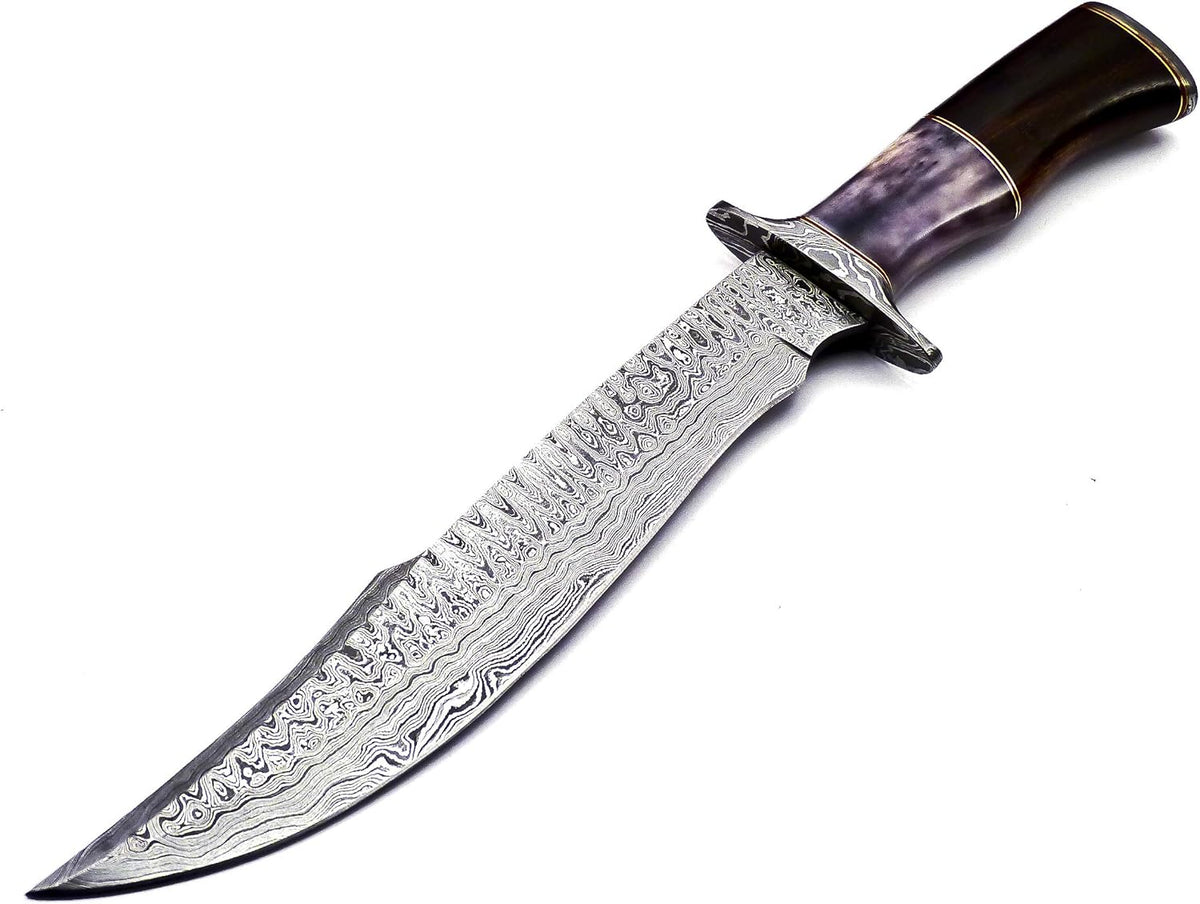 Damascus Steel Western Brand Knives - 15" Knife with Color Bone &amp; Buffalo Horn Handle, Leather Sheath Included