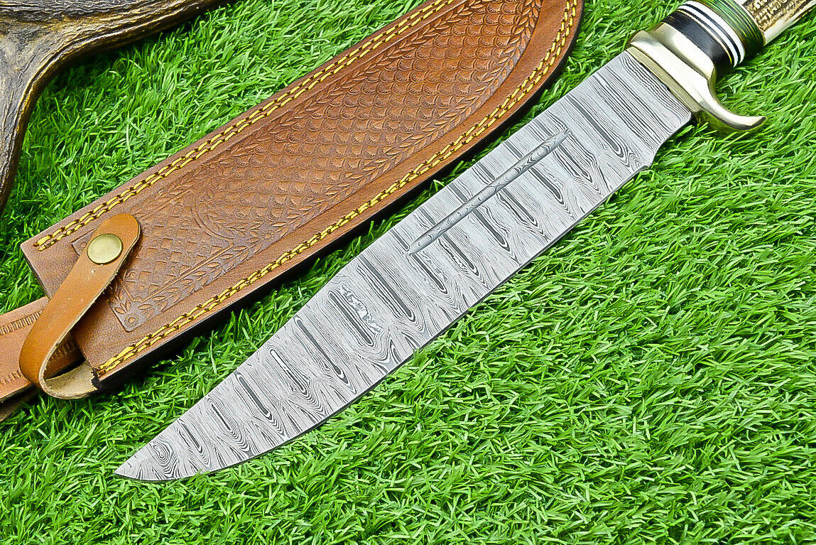 Deluxe Dundee Knife – 16" Handmade Damascus Steel Blade with Brass Guard &amp; Pakkawood or Stag Horn Handle + Leather Sheath
