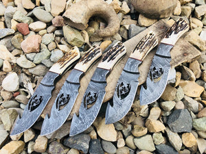 Deer Knives – 10" Wire-Cut Damascus Steel Blade with Antler Horn Handle & Leather Sheath