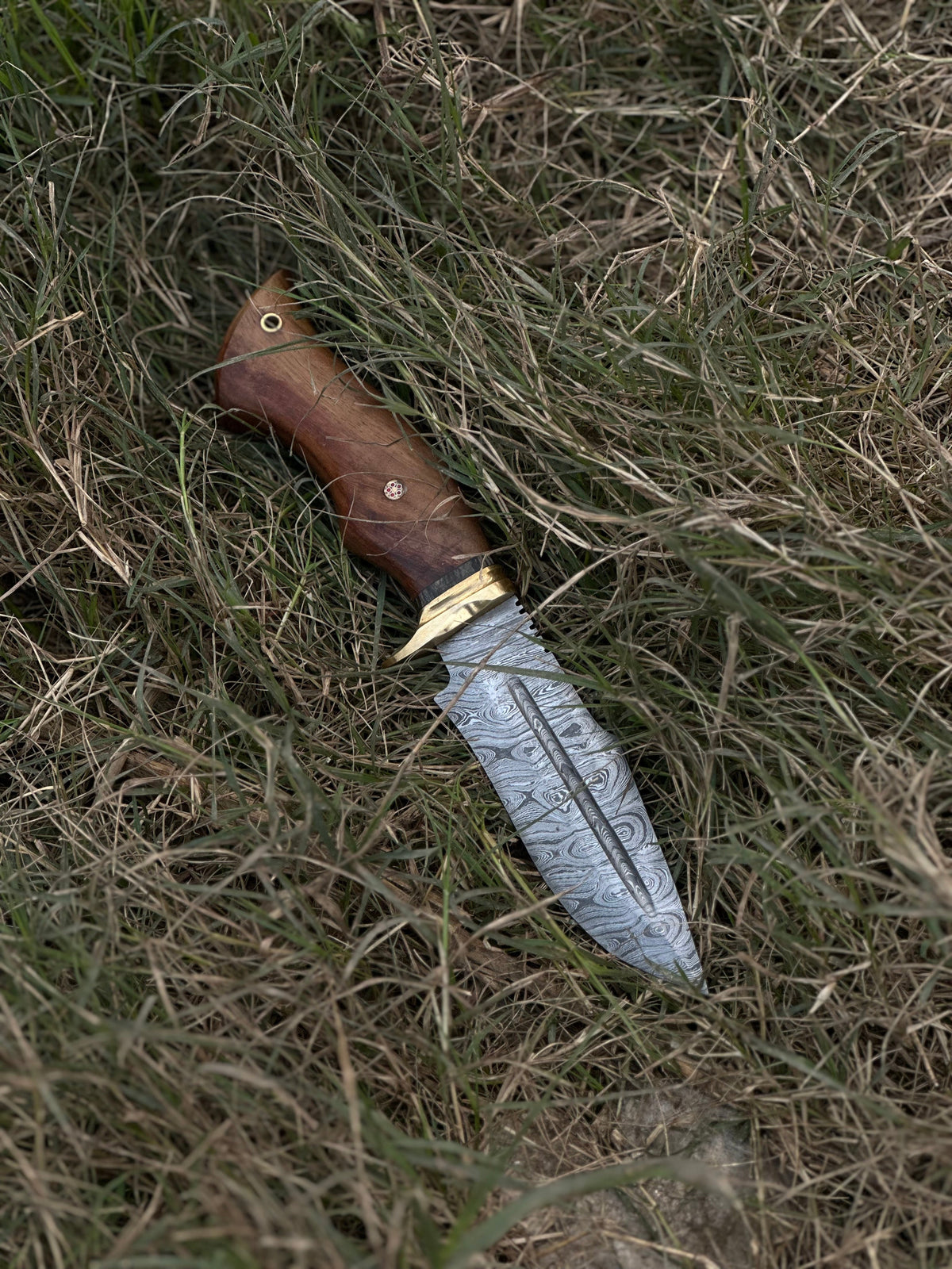 Hunting Blade – 10" Damascus Steel Knife with Rosewood Handle, Brass Guard &amp; Leather Sheath