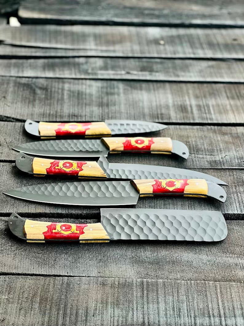 Stainless Steel Knife Set 13" – Forged Blades with Olivewood &amp; Epoxy Handles + Leather Sheath
