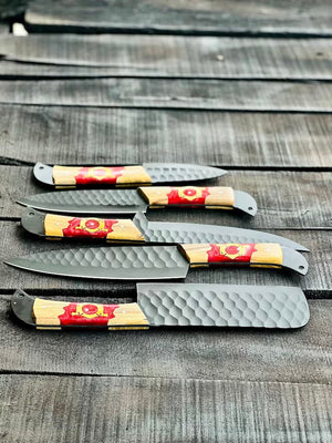 Stainless Steel Knife Set 13" – Forged Blades with Olivewood & Epoxy Handles + Leather Sheath