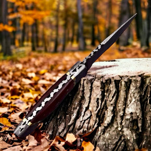 Small Bushcraft Knife – 9" Damascus Steel Blade with Rosewood Handle & Leather Sheath