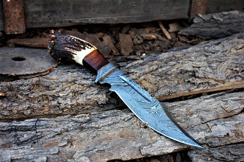 Custom Handmade 13" Damascus Bowie Knife – Stag Crown &amp; Rosewood Handle with Leather Sheath
