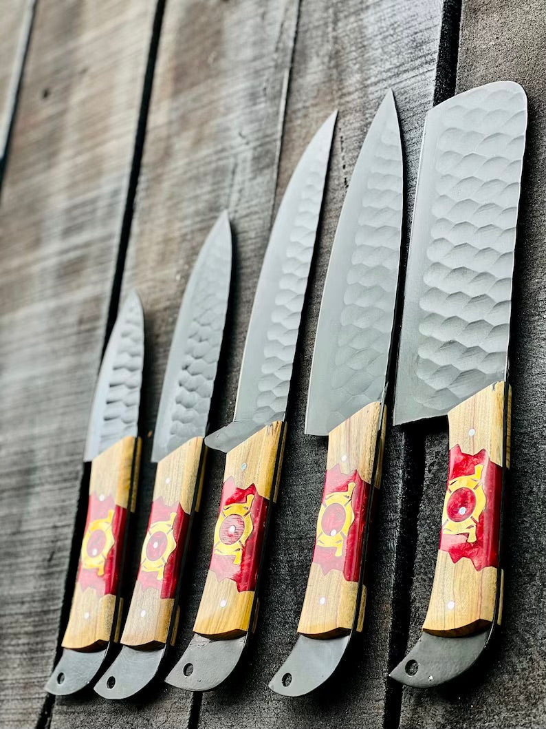 Stainless Steel Knife Set 13" – Forged Blades with Olivewood &amp; Epoxy Handles + Leather Sheath