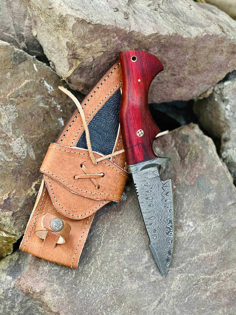 Hunting Skinning Knife – 10" Damascus Steel Blade with Pakkawood Handle &amp; Leather Sheath