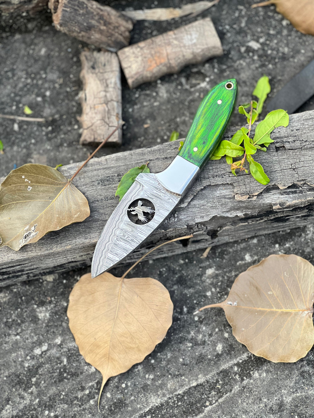 Handmade Skinner Knife – 8" Damascus Steel Blade with Pakkawood & Wire-Cut Handle + Leather Sheath