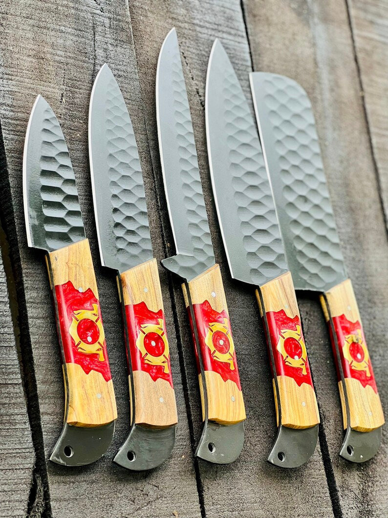 Stainless Steel Knife Set 13" – Forged Blades with Olivewood &amp; Epoxy Handles + Leather Sheath