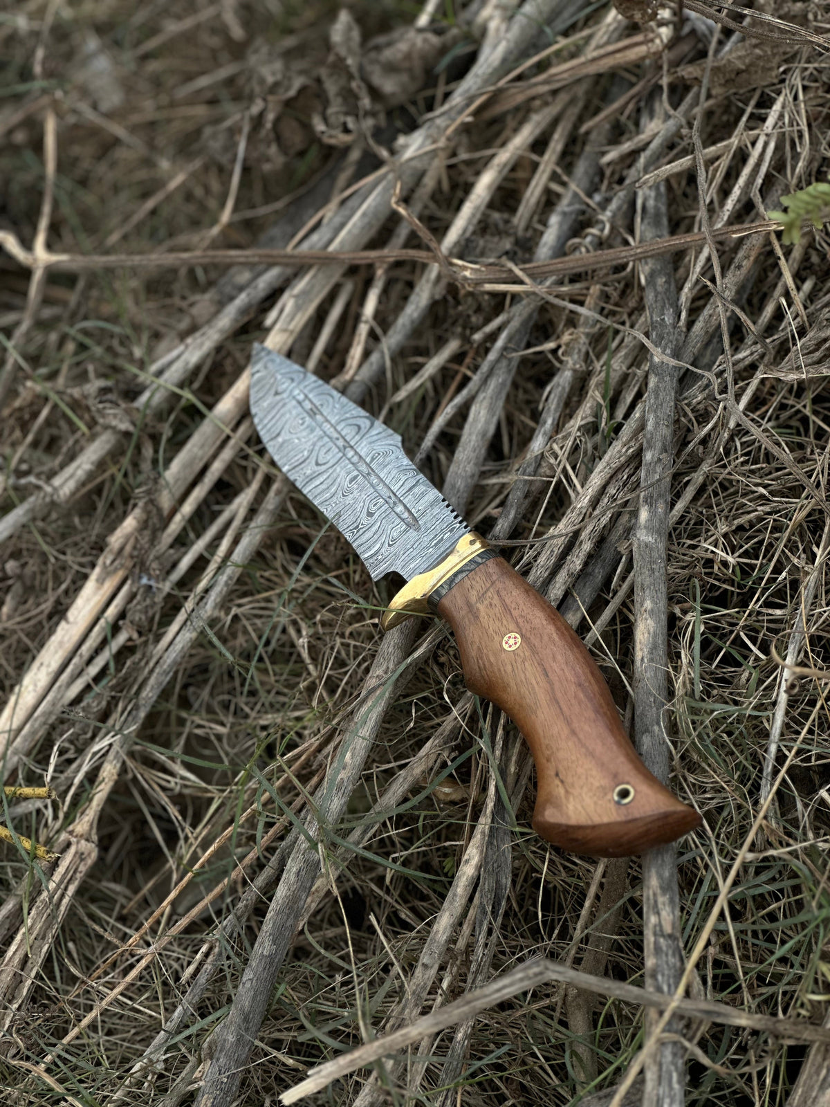 Hunting Blade – 10" Damascus Steel Knife with Rosewood Handle, Brass Guard &amp; Leather Sheath