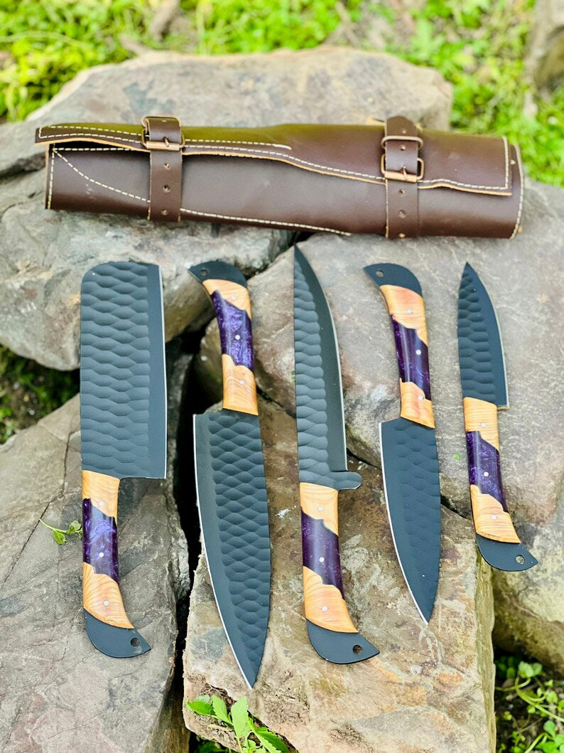 Best Knife Block Set – 13" Forged Stainless Steel Chef Knife with Olivewood &amp; Epoxy Resin Handle + Leather Sheath