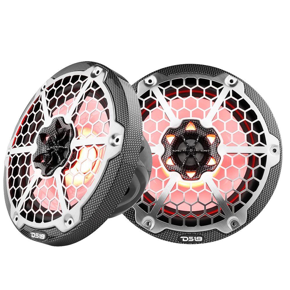 DS18 HYDRO 8" 2-Way Marine Speakers w/RGB LED Lights - 125W RMS, 4-Ohm - Black Carbon Fiber