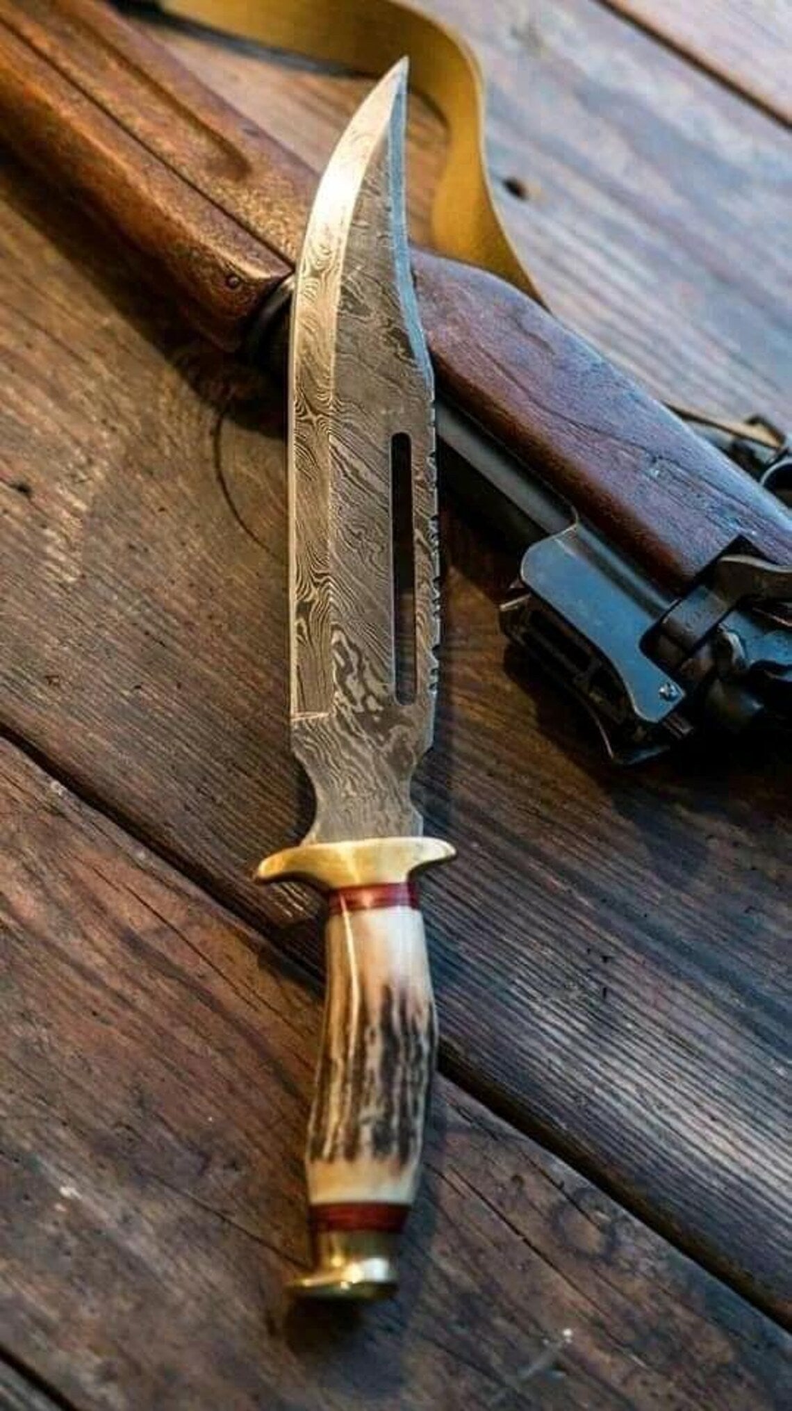 Damascus Steel Vintage Bowie Knife – 13" with Brass Guard &amp; Stag Horn Handle, Comes with Leather Sheath