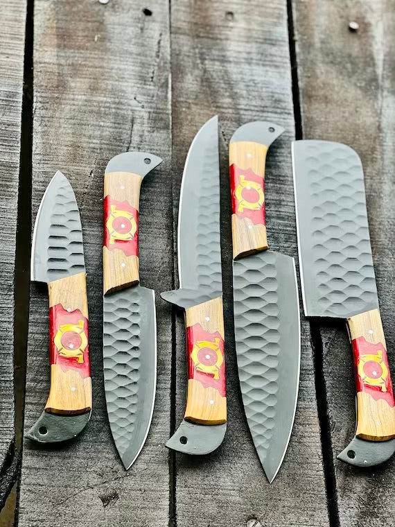 Stainless Steel Knife Set 13" – Forged Blades with Olivewood &amp; Epoxy Handles + Leather Sheath