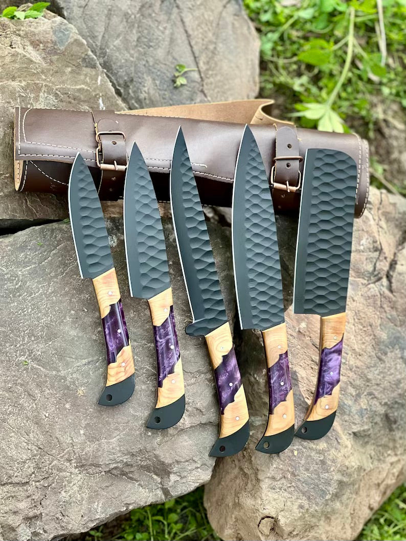 Best Knife Block Set – 13" Forged Stainless Steel Chef Knife with Olivewood &amp; Epoxy Resin Handle + Leather Sheath