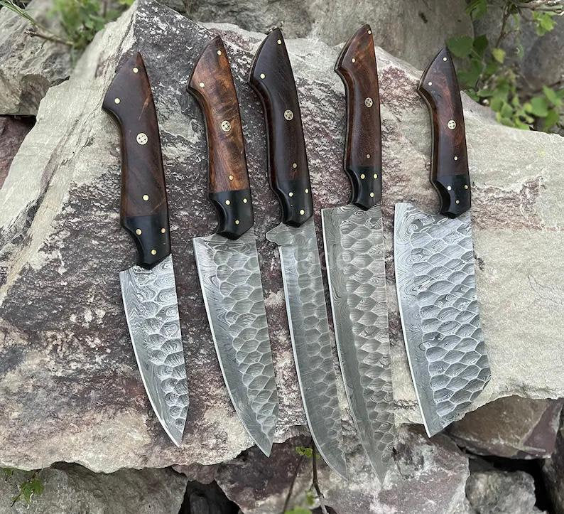 Beautiful Knife Set – 13" Damascus Steel Blade with Rosewood Handle & Leather Sheath