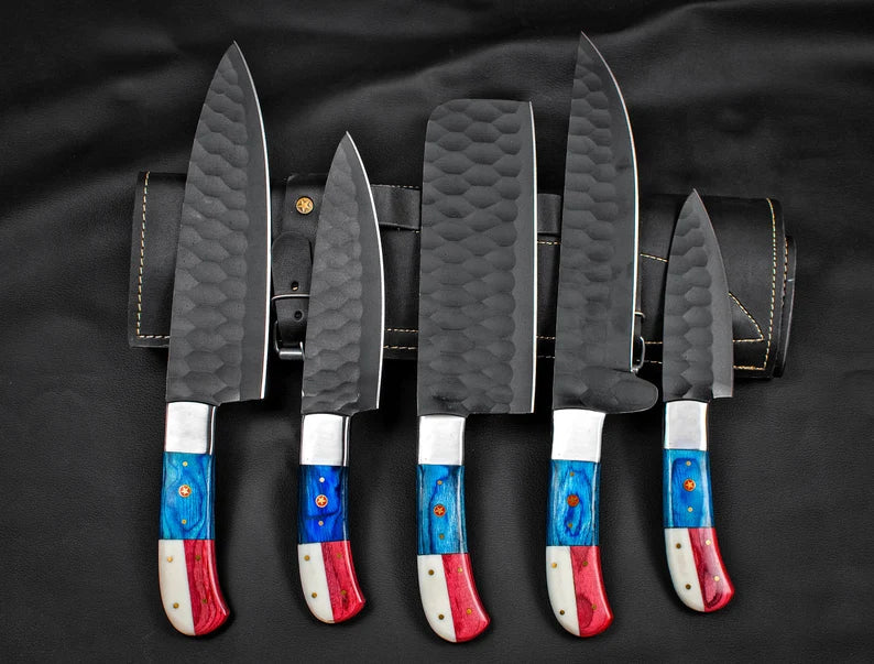Custom Hand Forged Carbon Steel Chef’s Knife Set – 5 PCS BBQ &amp; Kitchen Knives | Best Anniversary Gift for Him