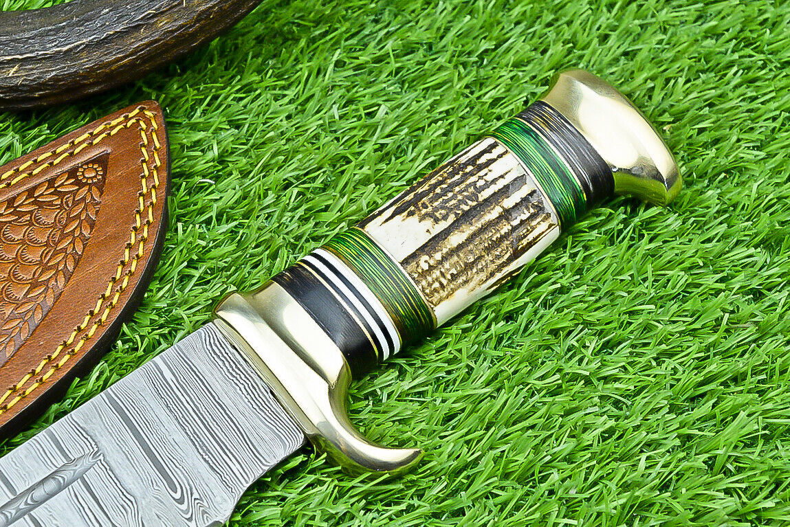 Deluxe Dundee Knife – 16" Handmade Damascus Steel Blade with Brass Guard &amp; Pakkawood or Stag Horn Handle + Leather Sheath