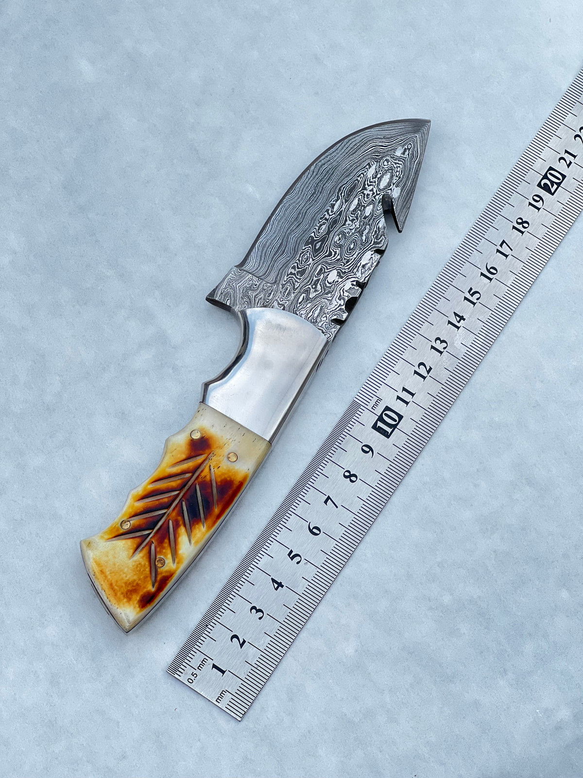 Damascus Steel Fixed Blade Knife with Camel Bone &amp; Rosewood Handle - 7.5" Custom Pocket Knife with Leather Sheath