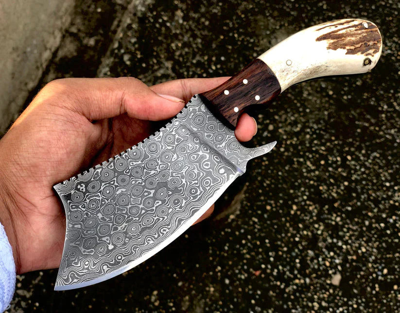 Handmade Damascus Steel Cleaver Knife with Antler Horn Handle &amp; Rosewood Bolster - Includes Leather Sheath