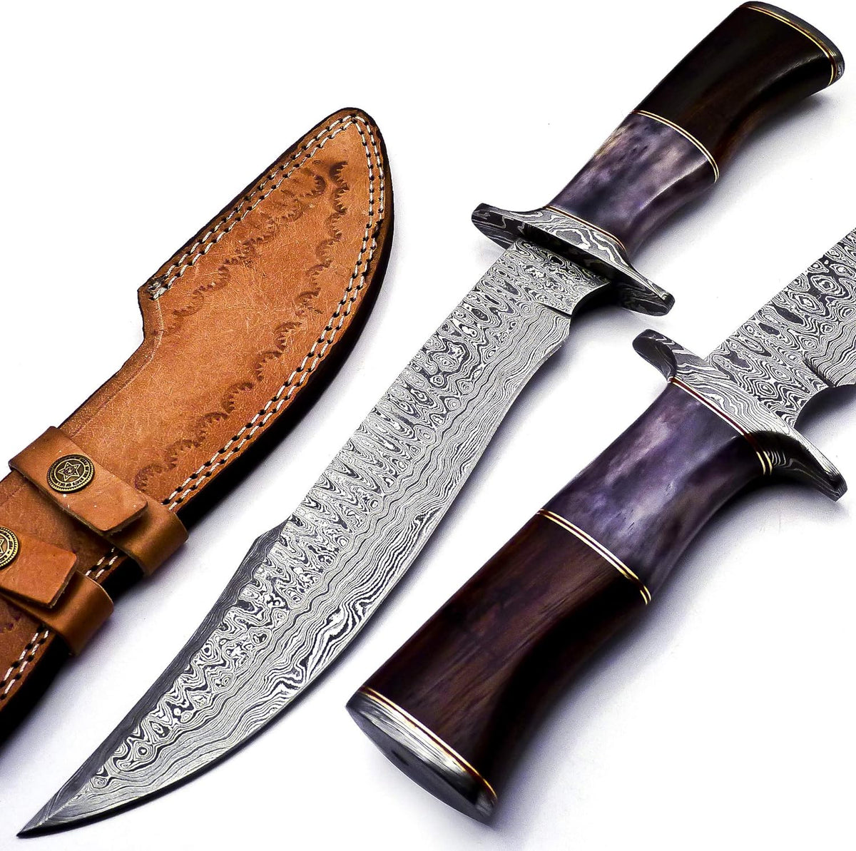 Damascus Steel Western Brand Knives - 15" Knife with Color Bone &amp; Buffalo Horn Handle, Leather Sheath Included