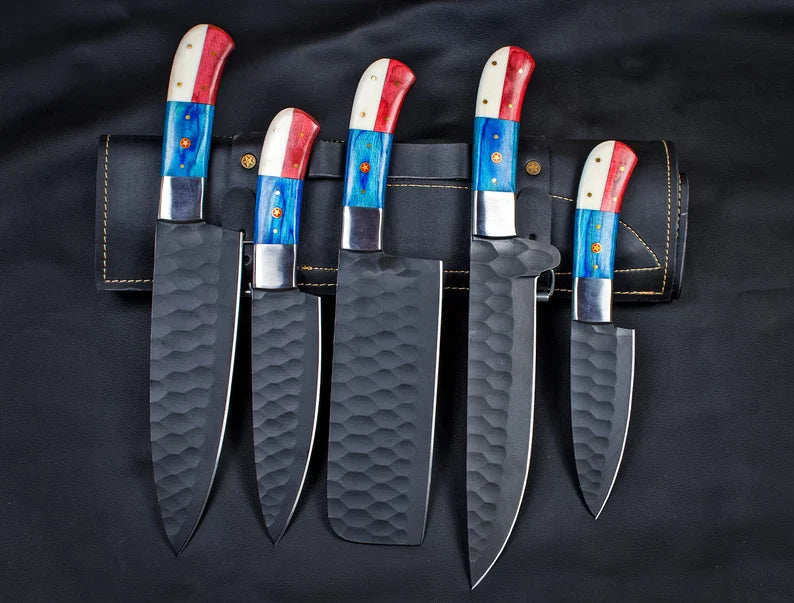 Custom Hand Forged Carbon Steel Chef’s Knife Set – 5 PCS BBQ &amp; Kitchen Knives | Best Anniversary Gift for Him