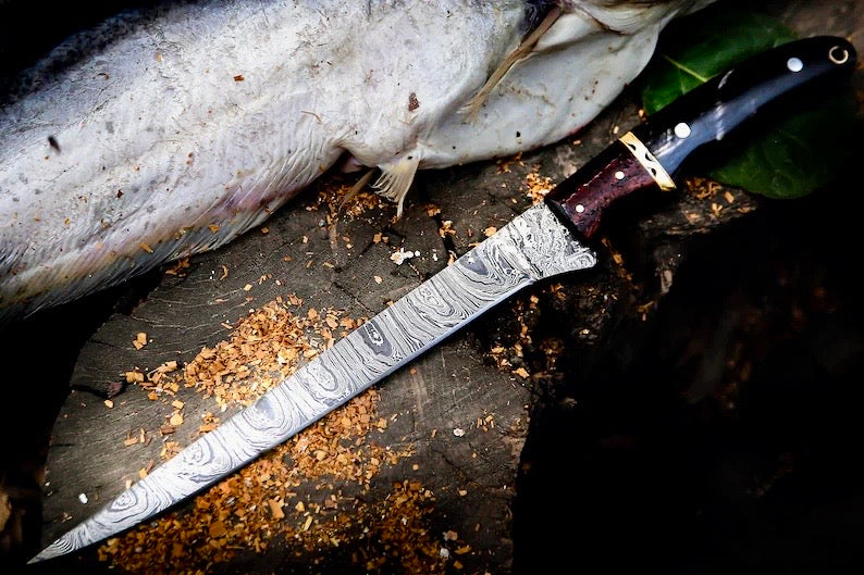 Handmade Damascus Fillet Knife 13” – Buffalo Horn, Rosewood &amp; Brass Handle with Leather Sheath
